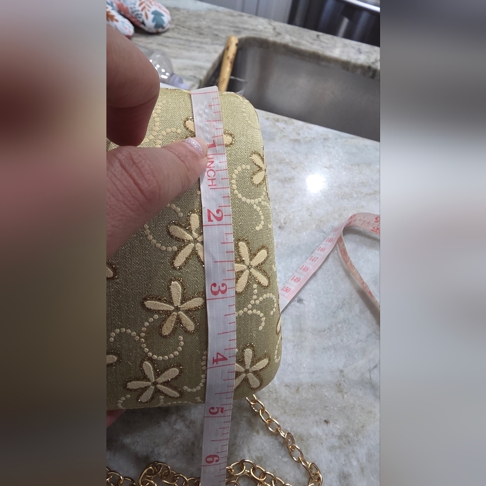 Gold Floral Box Clutch w/ Top Handle + Detachable Chain Strap - Picture 10 of 10